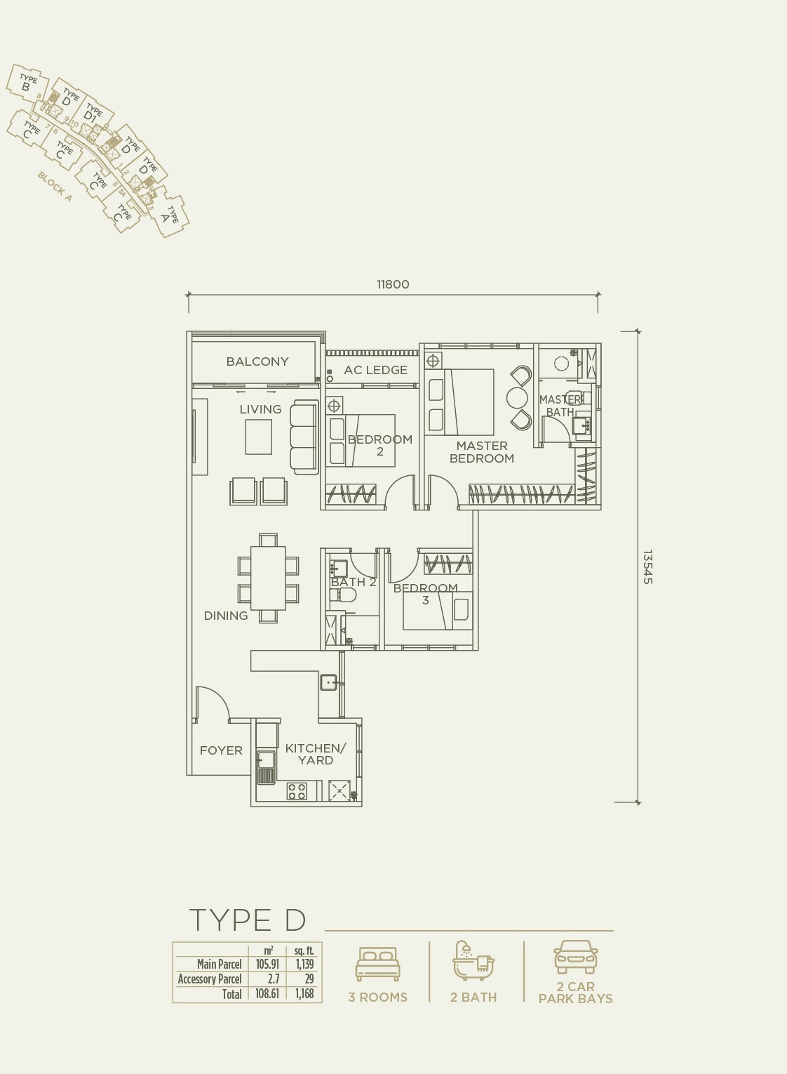 Linari Type D floor plan — 1,168 sqft · 3 Rooms · 2 Bath · 2 Parking
