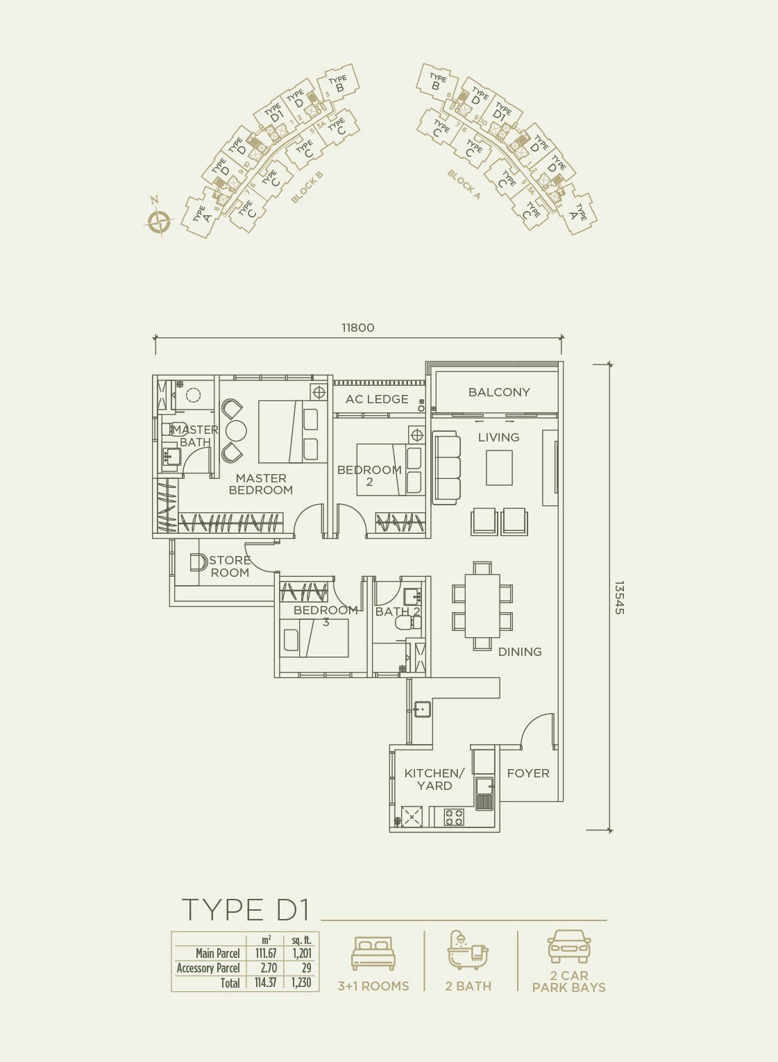 Linari Type D1 floor plan — 1,230 sqft · 3+1 Rooms · 2 Bath · 2 Parking